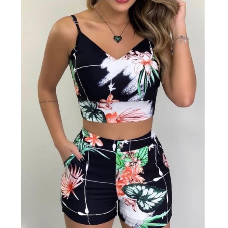 Printed Sling V-Neck Crop Shorts Two-Piece Set吊带短裤套装女 - 图3