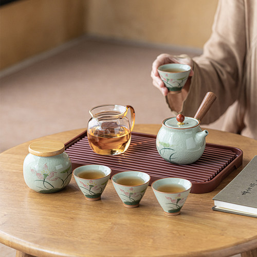 画续冰裂釉手绘芙蓉侧把壶旅行功夫茶具套装茶盘户外便携式收纳包 - 图3