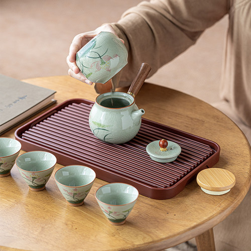 画续冰裂釉手绘芙蓉侧把壶旅行功夫茶具套装茶盘户外便携式收纳包 - 图1