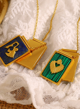 欧美ins风复古流行天然石书本吊坠女 可开合矩形金色钛钢项链