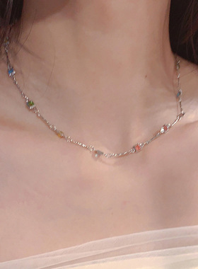 ins方形彩色宝石项链细锁骨链夏天项链轻奢小众高级感颈链女款