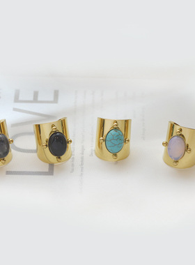 欧美ins钛钢戒指天然石贝壳时尚爆款早秋新品不掉色开口指环