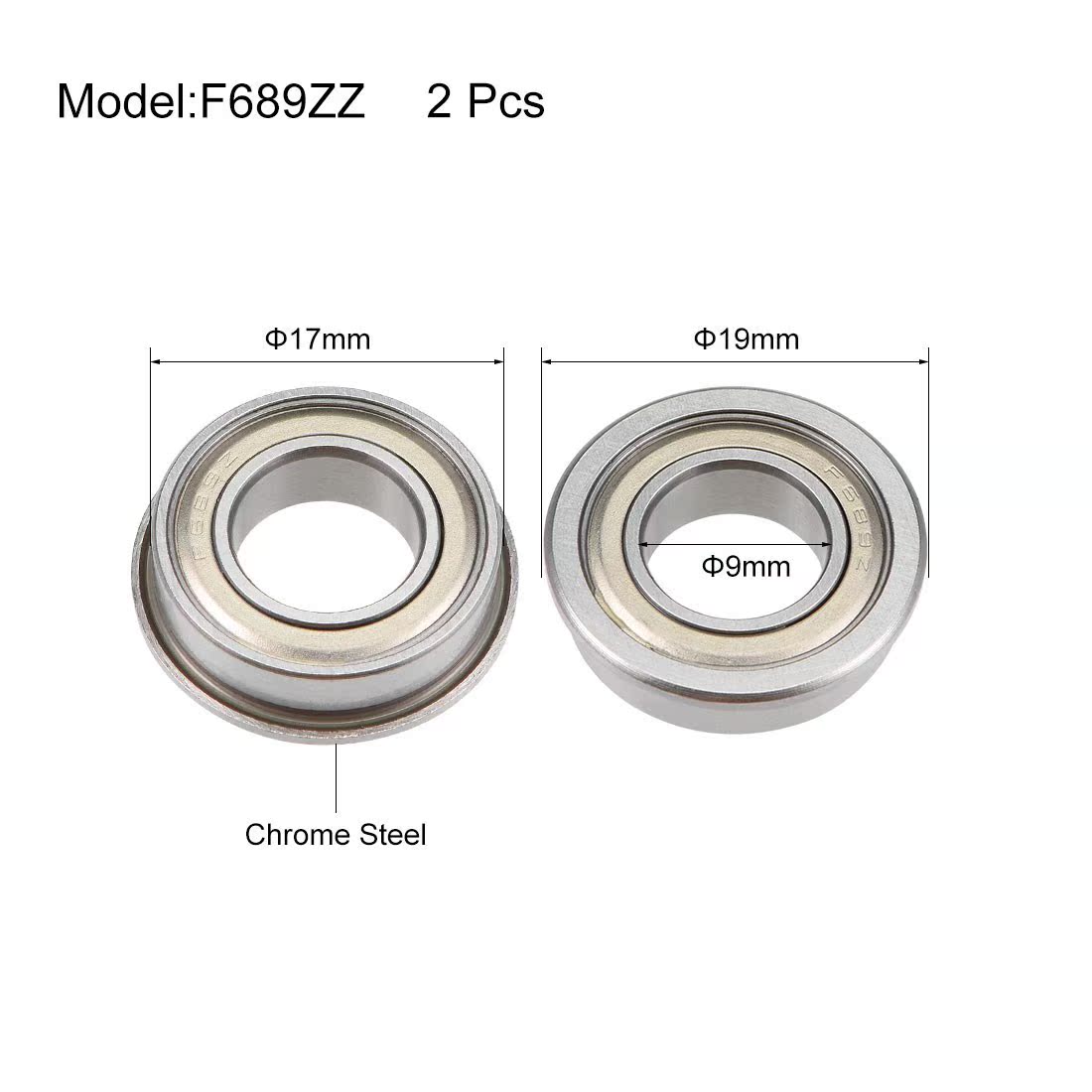 F689ZZ Flange Ball Bearing 9x17x5mm Shielded Chrome Bearings - 图0