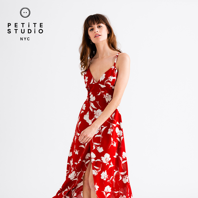 【王菊同款】Petite Studio夏Carly法式小红裙红色碎花吊带连衣裙 - 图2