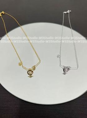 高品质925银鸢尾花别针土星项链