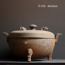 New Stone Instrumental Period Grey Pottery with lid Three-foot tripod Tao Pottery Clay teaching utensils Old pottery Pottery Collector Residence Decoration