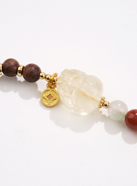 多宝黄水晶貔貅沉香木双圈手串