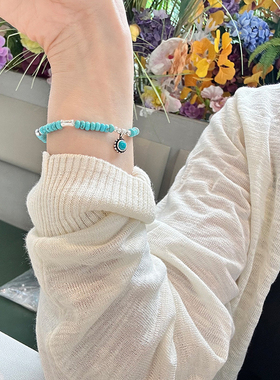 高瓷绿松石纯银竹节手链