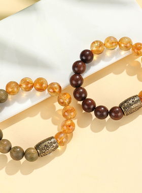 招财黄水晶檀木沉香情侣佛珠手串