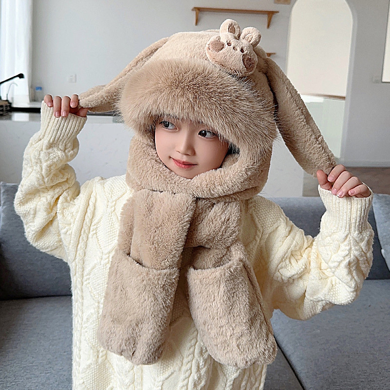 耳朵会动的帽子儿童秋冬帽子围巾一体帽可爱加厚男女童保暖毛绒帽,淘宝优惠券,粉丝福利购,淘宝优惠卷