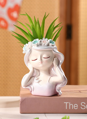 女孩仿真植物花卉盆栽盆景园林家居书房办公室室内景观装饰摆件