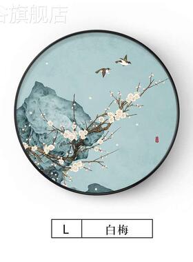 网红餐廊厅挂画白梅)新中式圆形(玄室关装画茶客道走壁画饰厅背过