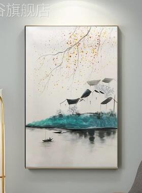 网红竖玄关装饰画挂画奢禅意江南乡水景画大芬壁画纯手绘风版油轻