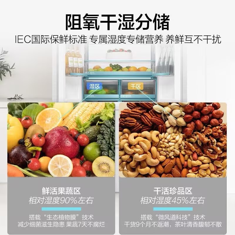 海尔山茶花485超薄零嵌入法式四门风冷一级变频白色家用冰箱