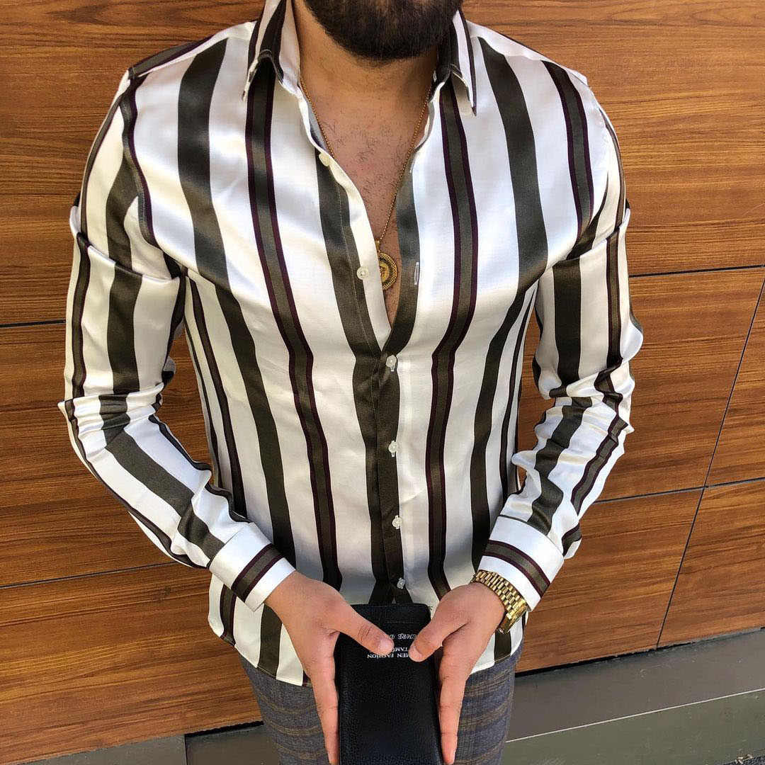 Men's Striped Casual Shirts Setwear Slim Fit Black White Lon - 图3