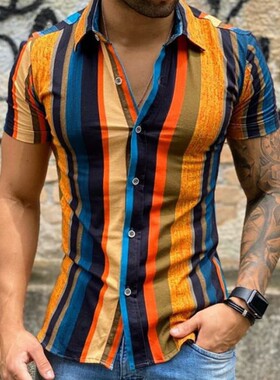 2022Summer New Mens Vintage Striped Shirt Fashion Casual Lux
