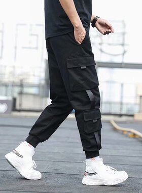 Men's Pants Ankle Style Pockets Cargo Harem Ribbons Black Hi