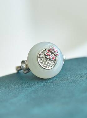 S925银镀18K金镶嵌天然新疆和田玉平安扣戒指高档时尚指环玉石