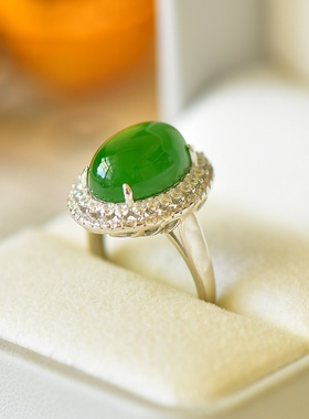 S925银镀18K金镶嵌天然新疆和田玉碧玉戒指高档时尚指环玉石饰品