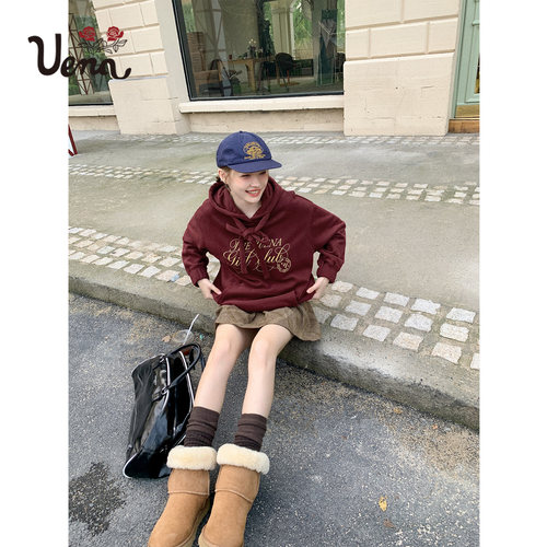 【波尔多日记】Uena美式复古酒红色撞色字母刺绣休闲宽松连帽卫衣 - 图1