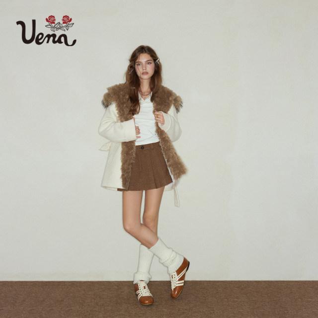 【秋酿】Uena可拆卸貉子毛领米色肌理感羊毛呢连帽绗棉外套附腰带