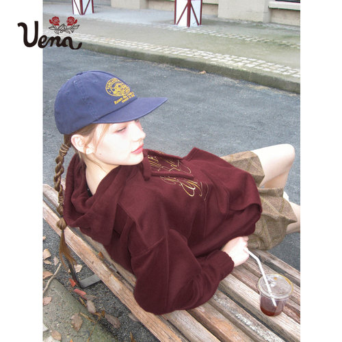 【波尔多日记】Uena美式复古酒红色撞色字母刺绣休闲宽松连帽卫衣 - 图0