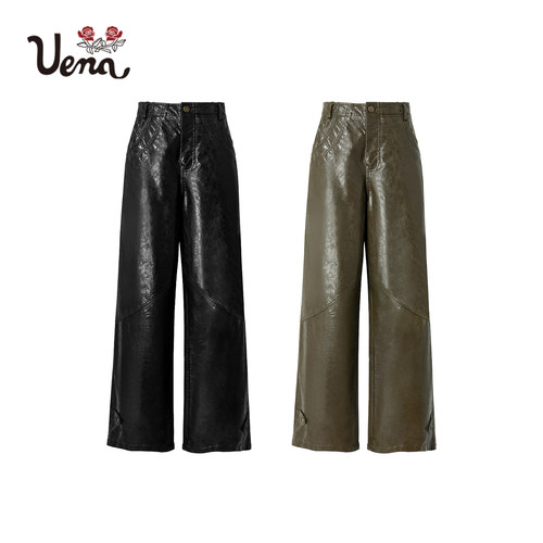 【旧日回响】Uena美式复古中腰显瘦宽松PU皮裤机车风直筒休闲裤女 - 图3