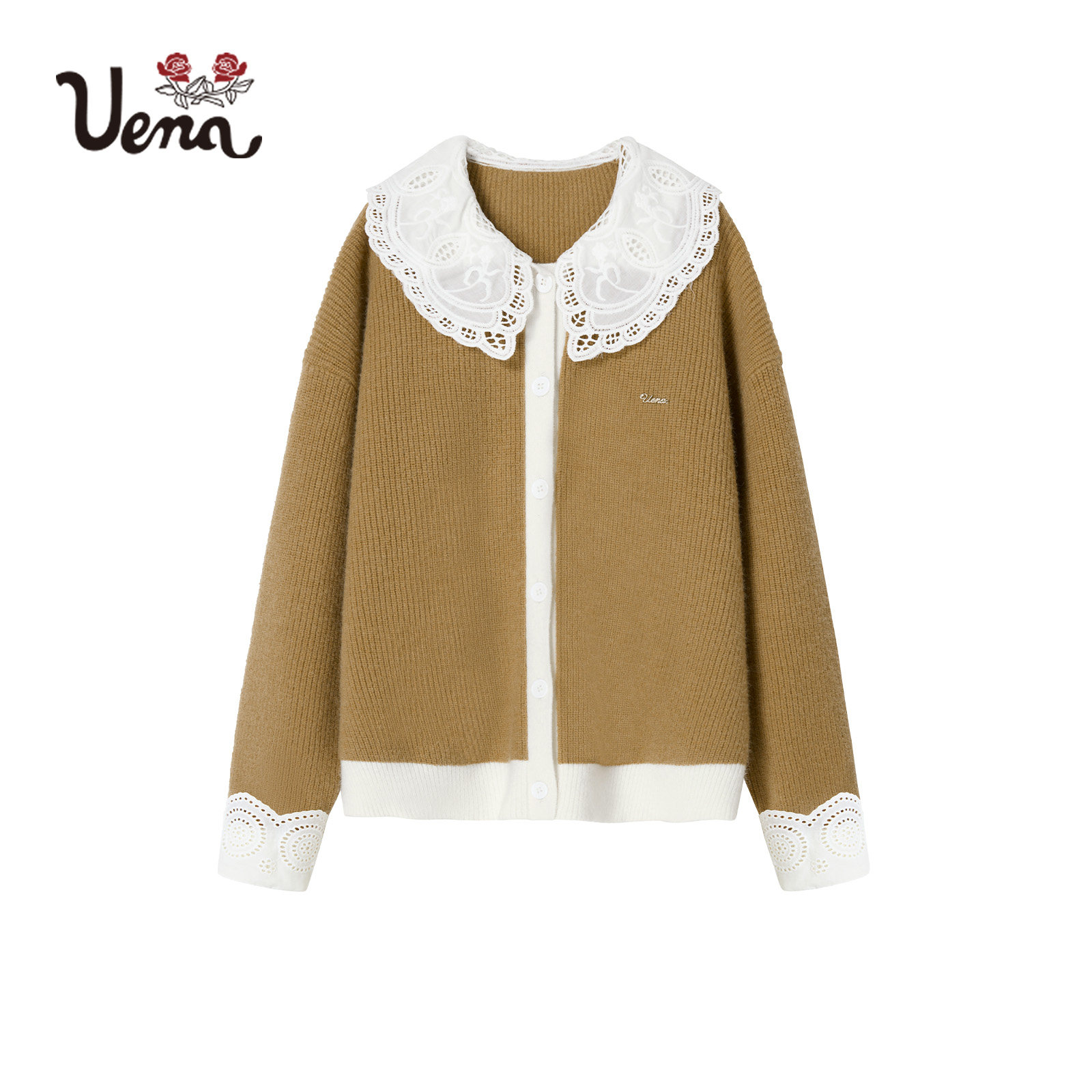 【沉香旷野】Uena美式复古蕾丝花边娃娃领卡其色宽松毛针织开衫女,淘宝优惠券,粉丝福利购,淘宝优惠卷