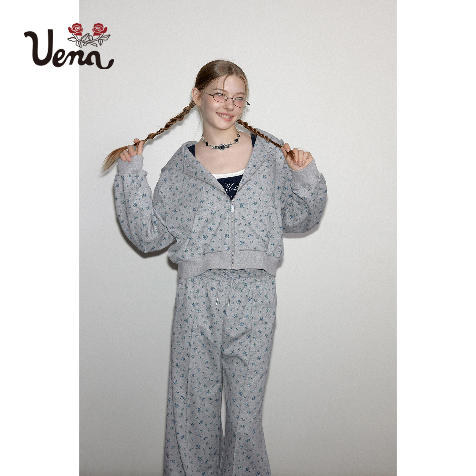 【玉兔花事】Uena明星同款灰色碎花耳朵连帽开衫卫衣香蕉裤套装女,淘宝优惠券,粉丝福利购,淘宝优惠卷