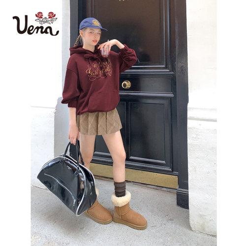 【波尔多日记】Uena美式复古酒红色撞色字母刺绣休闲宽松连帽卫衣 - 图2