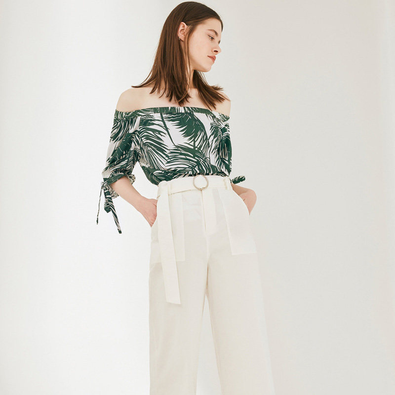 艾格2023春季新款抽绳一字肩雪纺衫 艾格旗舰蕾丝衫/雪纺衫