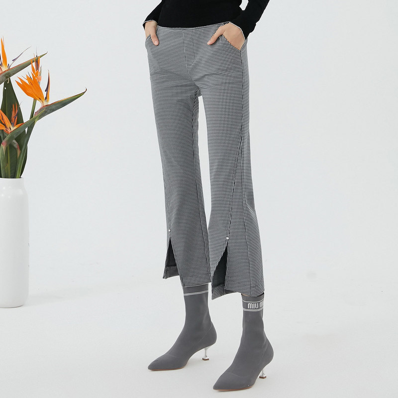 艾格2023夏季新款高腰千鸟格喇叭裤 艾格旗舰休闲裤