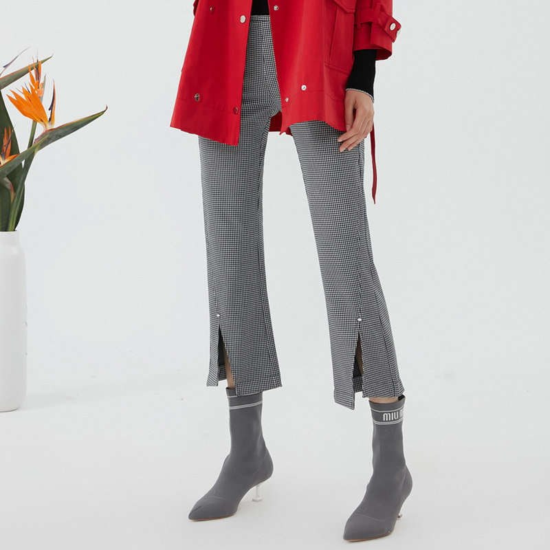 艾格2023夏季新款高腰千鸟格喇叭裤 艾格旗舰休闲裤