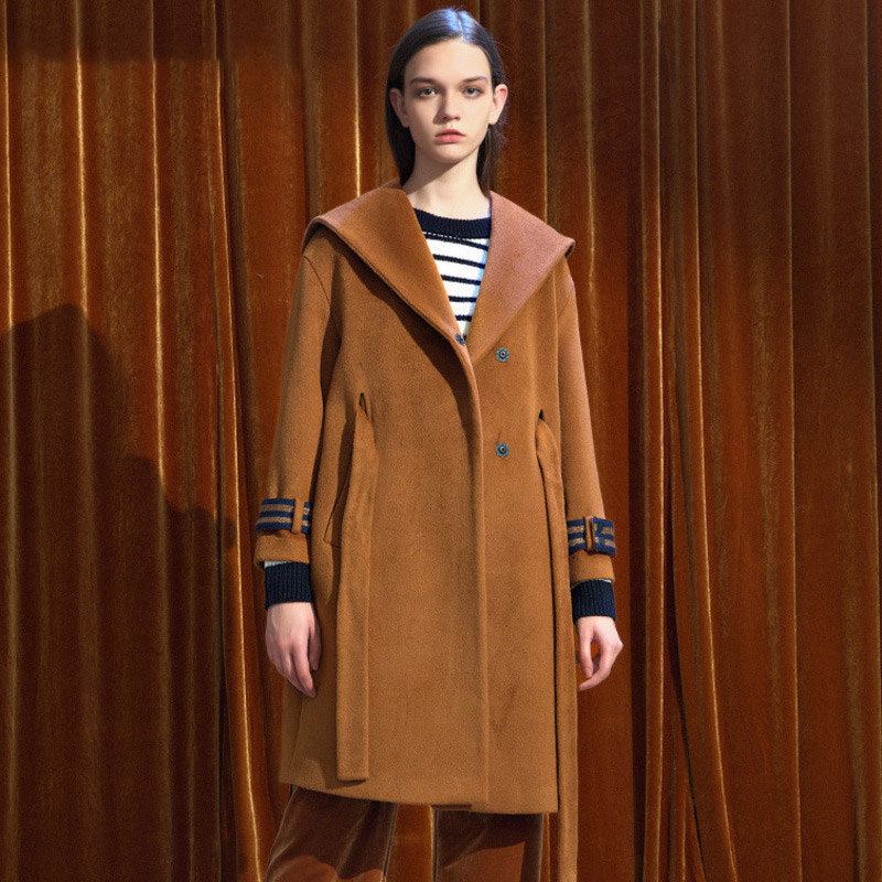 艾格2023春新款中长款连帽毛呢大衣 艾格旗舰毛呢外套