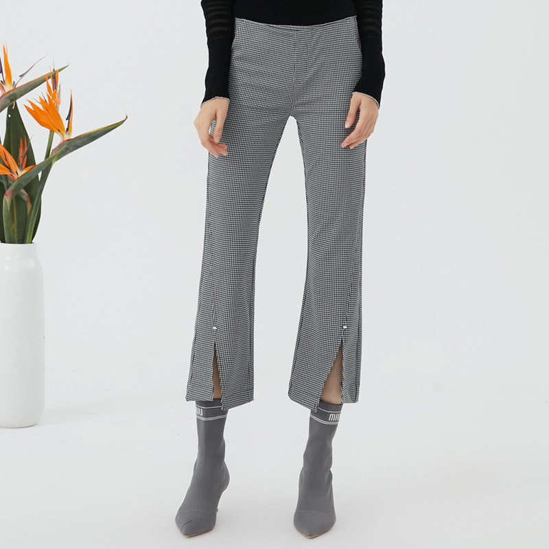 艾格2023夏季新款高腰千鸟格喇叭裤 艾格旗舰休闲裤