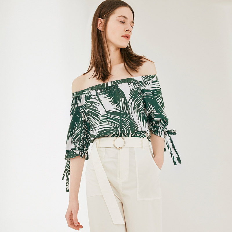 艾格2023春季新款抽绳一字肩雪纺衫 艾格旗舰蕾丝衫/雪纺衫