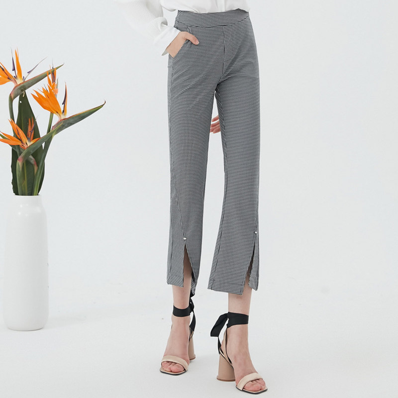 艾格2023夏季新款高腰千鸟格喇叭裤 艾格旗舰休闲裤