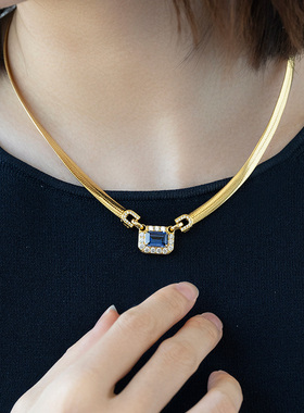 JCJ时装珠宝HighJewelPlay系列925银长方合成蓝宝石宽蛇骨链项链