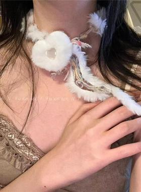 白色毛绒choker爱心项炼甜美纯欲风夸张锁骨炼百搭脖子配饰秋冬女