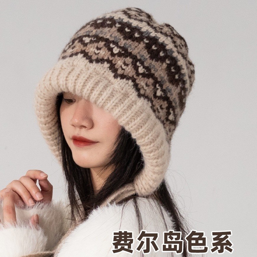 费尔岛风针织帽女冬季保暖巴拉克拉法秋冬帽子冬天堆堆毛绒毛线帽 - 图3