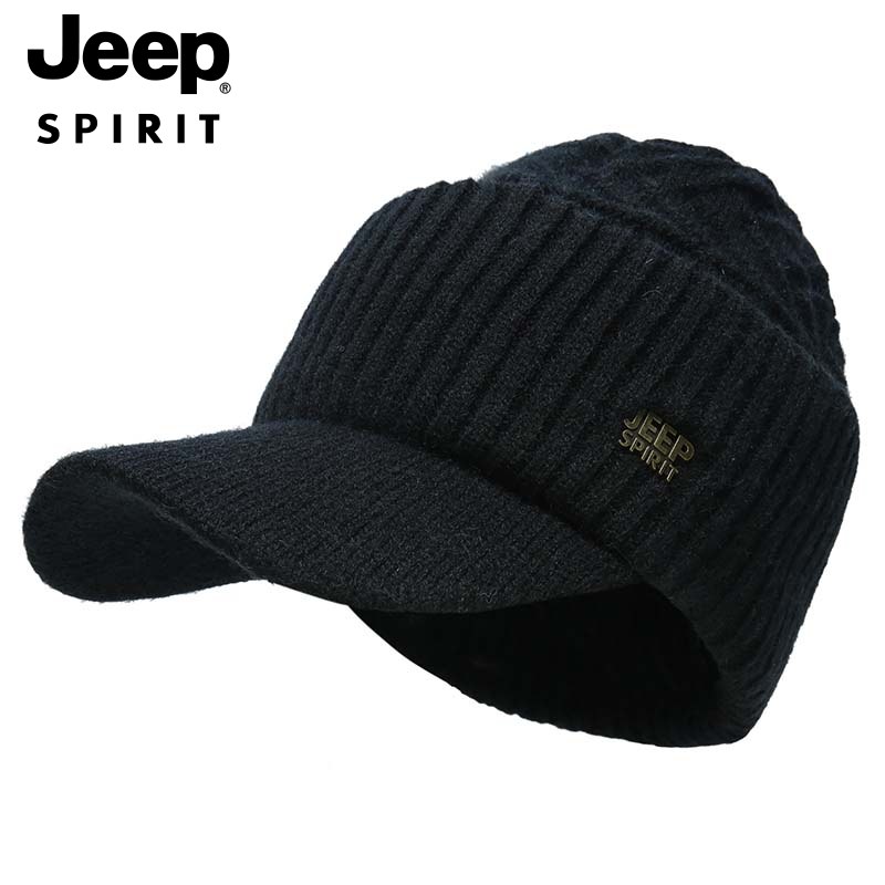 JEEP老人帽子男冬天保暖针织毛线帽中老年爸爸冬季加绒护耳鸭舌帽