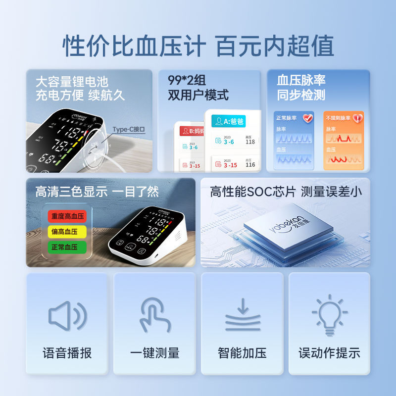 友倍康高清电子血压计上臂式语音播报99组双人记忆中老年便携家用