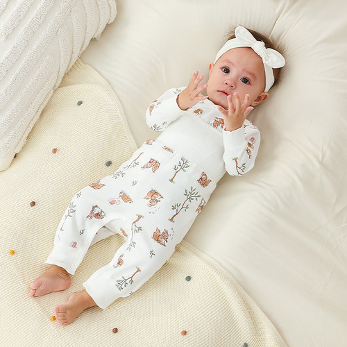 婴儿秋衣秋裤纯棉春秋款分体套装按扣小月龄高腰男女宝宝衣服睡衣 - 图0