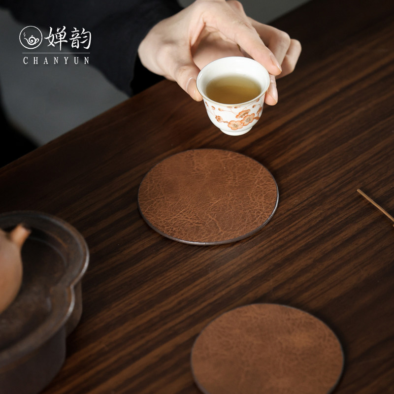 婵韵 五福福容皮革圆形咖啡色杯垫茶垫茶杯垫两片装隔热垫防滑垫,淘宝优惠券,粉丝福利购,淘宝优惠卷