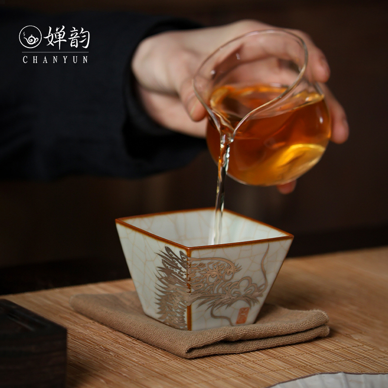 婵韵斋居江祖清汝窑茶杯主人杯四方龙凤描银杯八方内绘蝴蝶仙鹤杯 - 图0