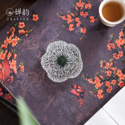婵韵 春喜铜手工编织山茶花花朵养壶垫杯垫茶垫复古家用茶具配件 - 图0