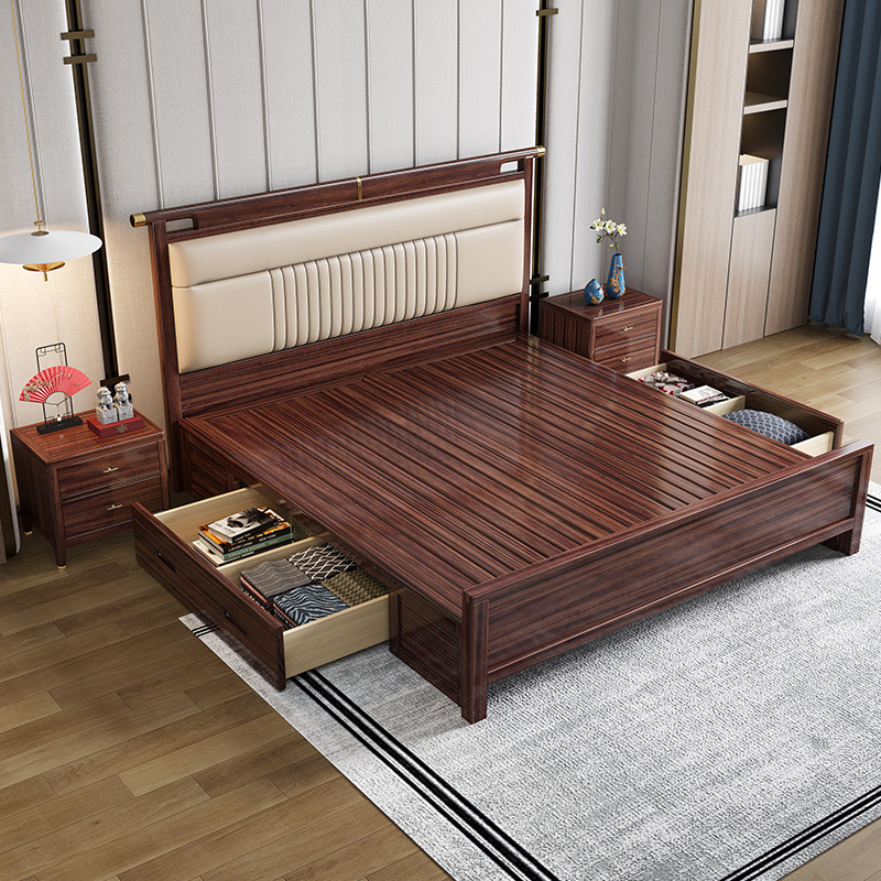 新中式乌金木实木床1.8米双人床卧室现代简约1.5米全实木储物婚床