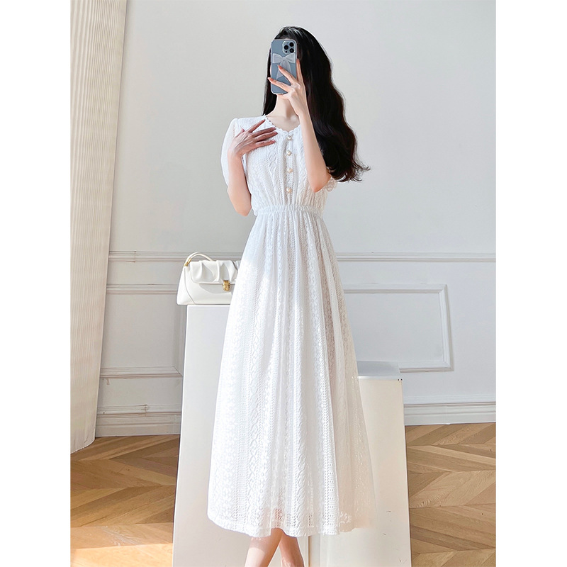 【艾格】白色蕾丝连衣裙女夏仙女超仙森系裙子法式收腰气质长裙