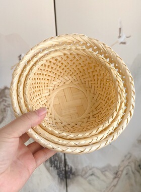 手工竹编圆形竹篓子茶点水果摆盘