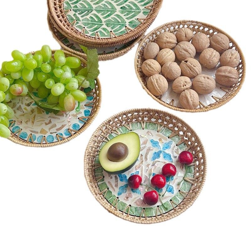 越南藤编贝壳托盘圆形点心果盘家用零食收纳篮馒头筐彩色水果盘,淘宝优惠券,粉丝福利购,淘宝优惠卷